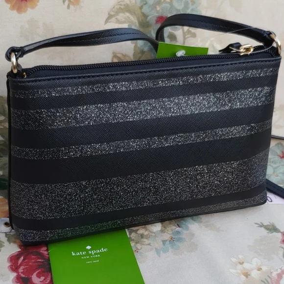 Kate Spade Haven Lane Ramey Leather Black Glitter Stripe Crossbody Bag NWT - Picture 8 of 15